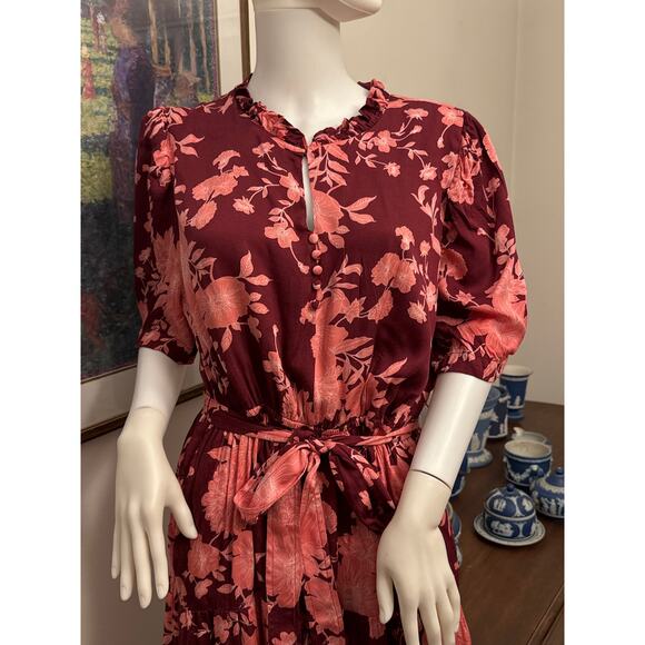 Draper James Burgundy and Pink Floral Rayon A-Line Dress Size Large - Picture 2 of 6